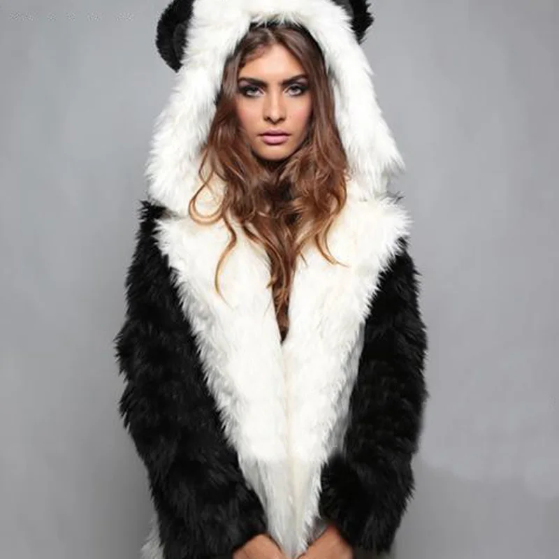Faux Fur Hooded Women's Coats Black Cute Panda Ear Warm Thicken Hoody Jackets Winter Long Sleeves Lady Elegant Short Overcoat