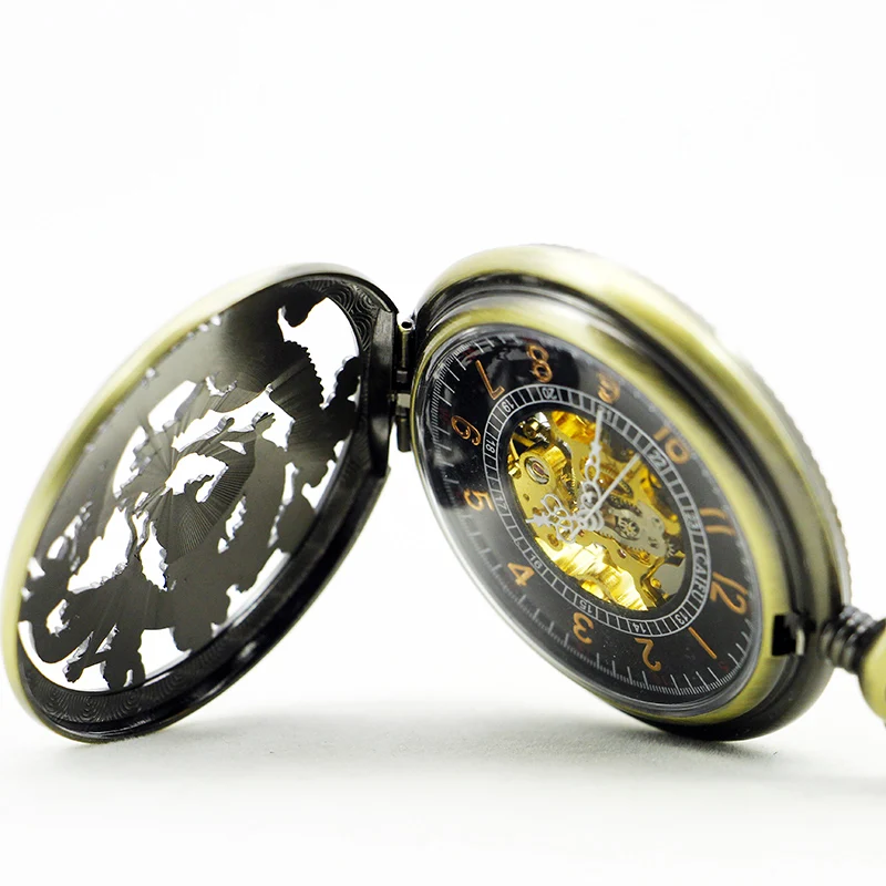 Flying Bird/dragon 3D Hollow Relief Mechanical Pocket Watch Bronze Antique Steampunk Fob Chain Manual Winding Clock Gift