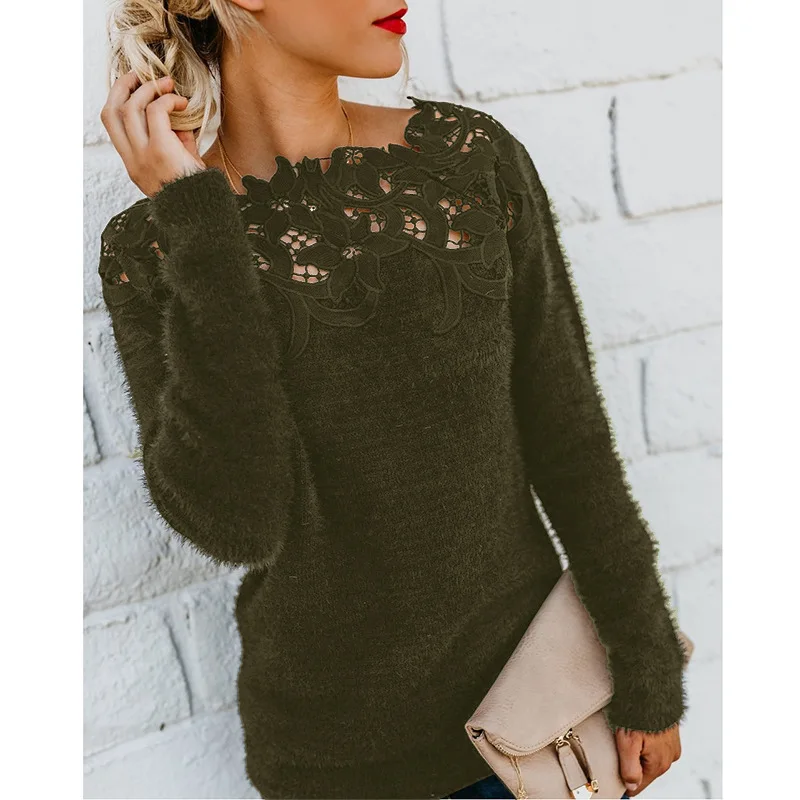 Fashion Lace Cashmere Sueter Mujer 2019 Women Sweater and Pullovers Casual Solid O-Neck Femme Autumn Sweaters Tops Feminino | Женская