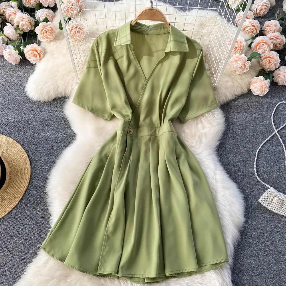 

Women French Girl V-neck Shirt, Small Waist, Thin A-line Pleated Dress Vestidos D0281