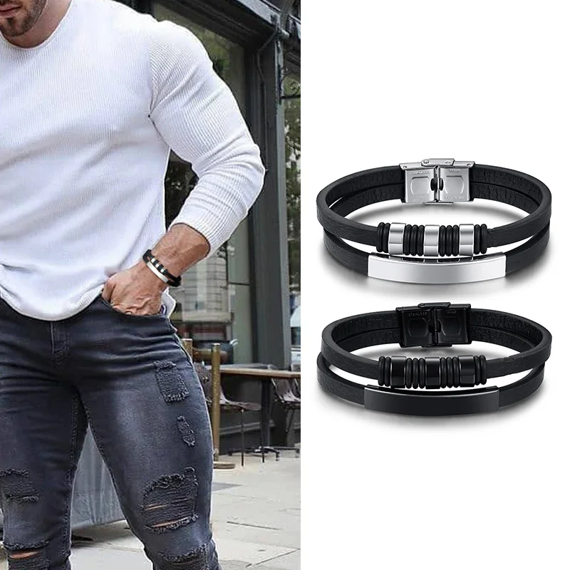 

Men Leather Bracelets with Black Beads Charm Bangle Layered Wristband Streetstyle Casual Male Jewelry