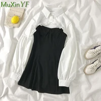 2021 spring autumn trendy women mini dress two pieces set lolita style vintage black sling dresseswhite short shirt suit female