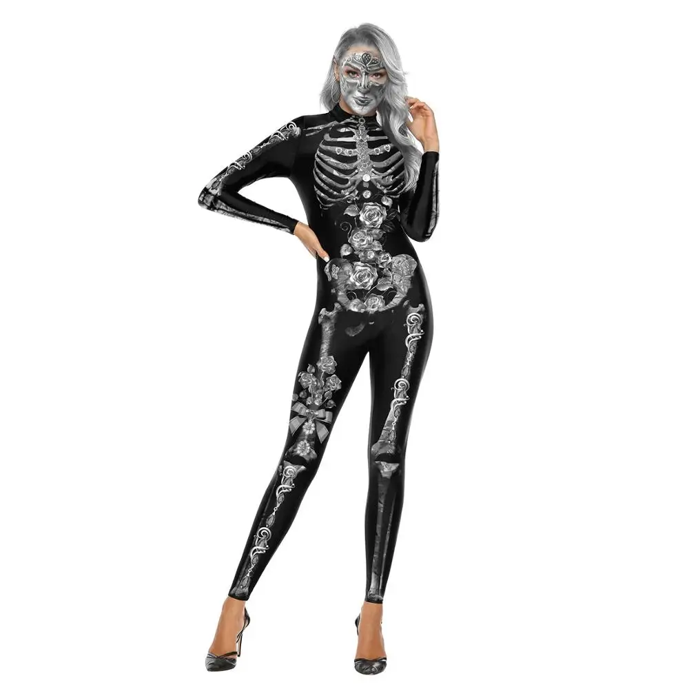 New 3D Print Skeleton Costume Elastic Jumpsuit Scary Halloween Costumes For Women Mechanical Skull Plus Size Bodysuit VDB1014 |