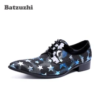 handmade dress shoes men pointed toe black blue genuine leather shoes men with stars lace up party runway business shoes men