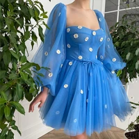 blue prom dresses 2021 puff long sleeve party celebrity dress for graduation lace cocktail dress above knee strapless