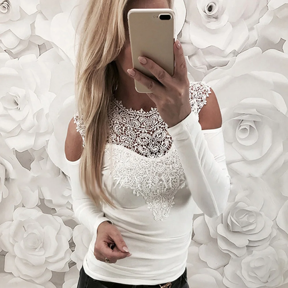 Сексуальные женщины полые Кружева Лоскутная холодная плеча с длинным рукавом