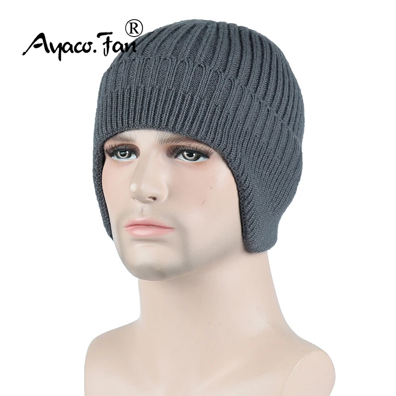 

Winter Ears Protected Hats for Men Thicker Beanies Knitted Cap Autumn Cycling Beanie Women Fleece-lined Warmer Bonnet Solid Cap