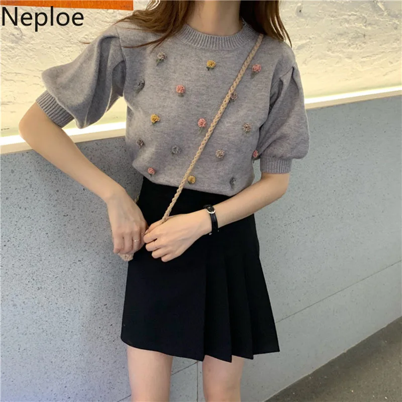 Neploe Chic O Neck Puff Short Sleeve Knit Pull Femme Solid Stereoscopic Flower Sweater Pullover Autumn Spring Loose Sueter 47787 | Женская