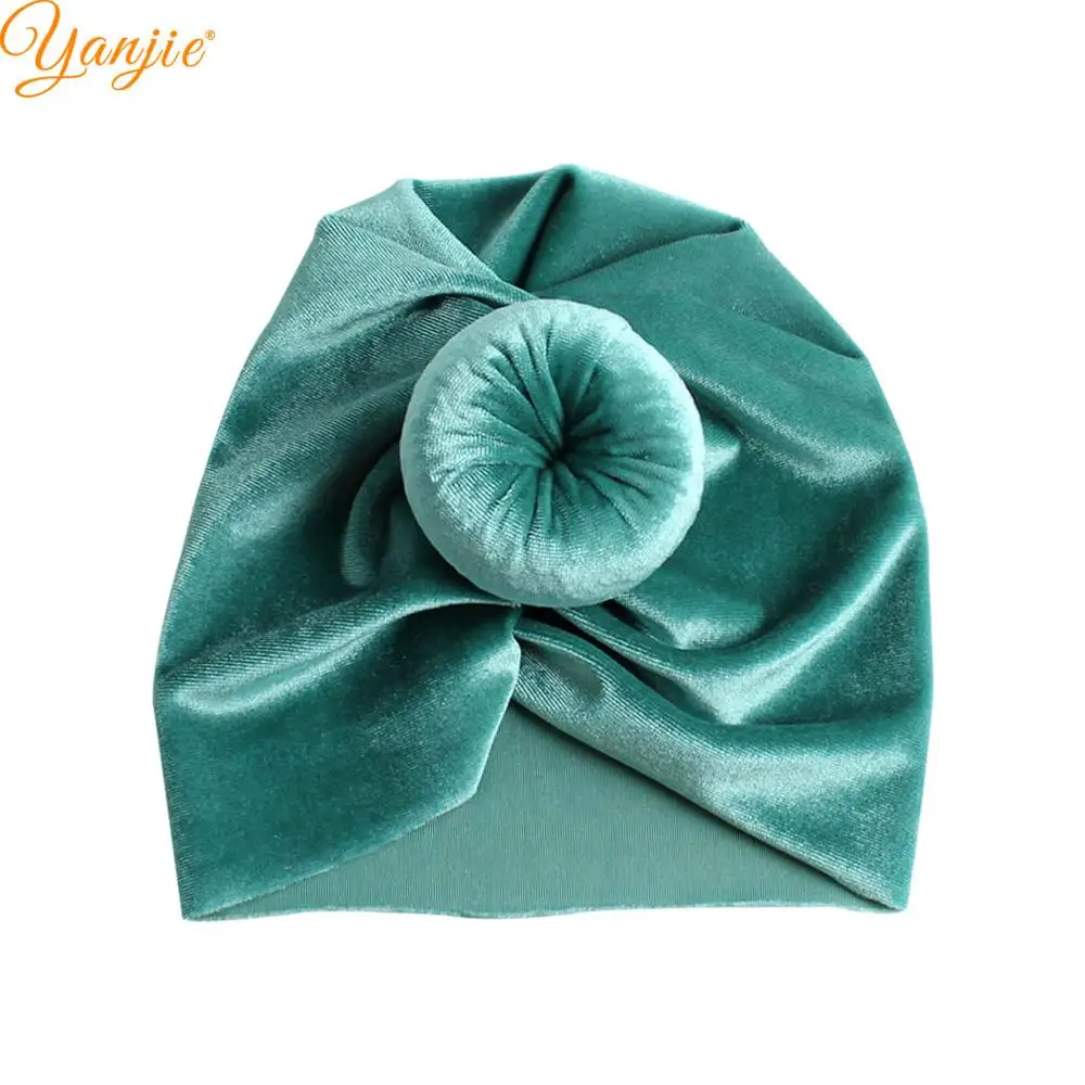 Turban-aqua Тюрбан с круглым помпоном из мягкого бархата для девочек; коллекция года; зимняя детская однотонная бархатная эластичная повязка на голову; резинки для волос; аксессуары для волос - Цвет: Turban-aqua