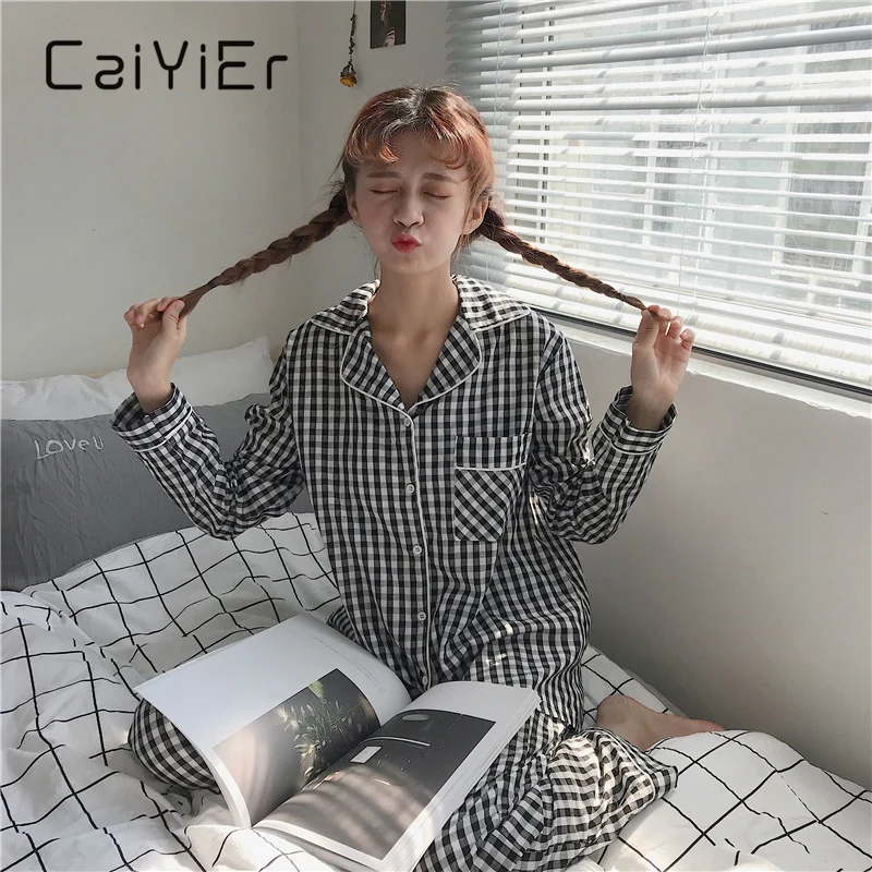 CAIYIER Cute Grid Girls Pajamas Set Korean Autumn Winter New Long Sleeve Leisure Sleepwear Women Loose Nightwear Homewear Suit