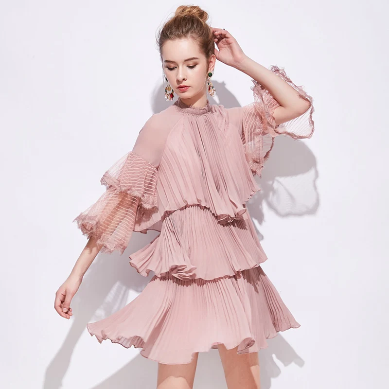 Сексуальное шифоновое платье с гофрированными оборками спереди розовое черное