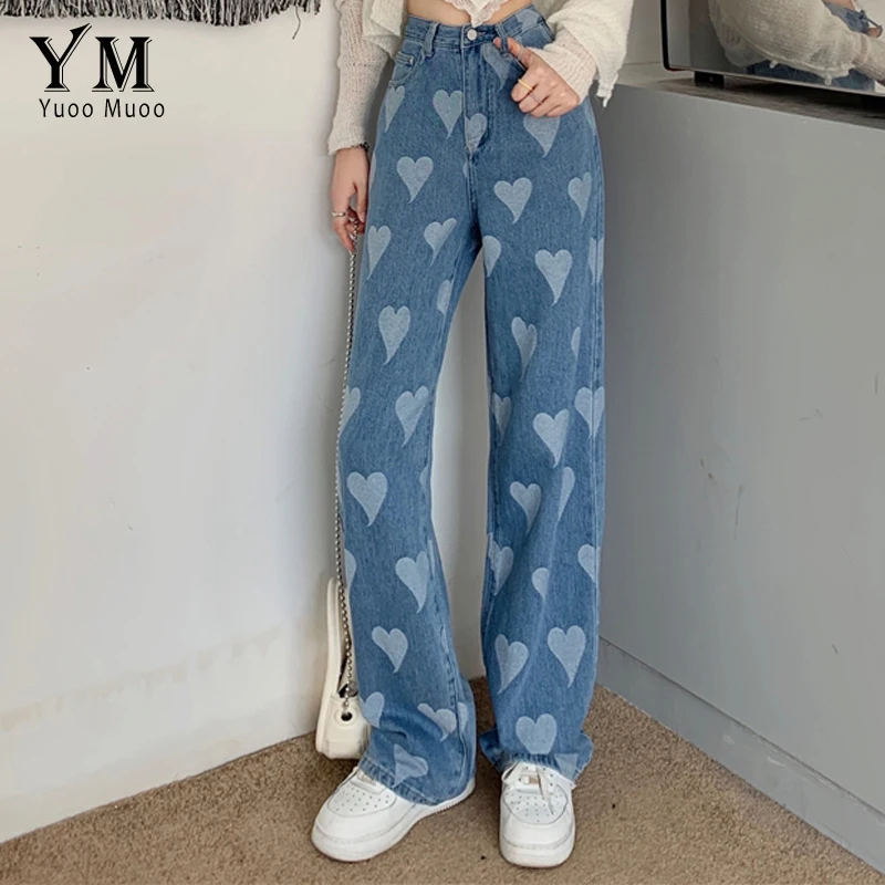 

YuooMuoo New Arrival Heart Print Jeans Women Korean Fashion High Waist Straight Denim Pants Blue Streetwear Jeans Trousers