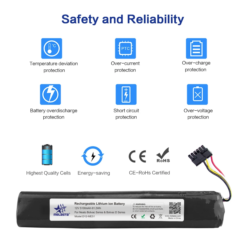 

Melasta Li-ion 12V 5.1Ah Replacement Battery for Neato Botvac D Series & Neato Botvac 70e 75 D75 80 85 D80 D85 Vacuum Cleaner