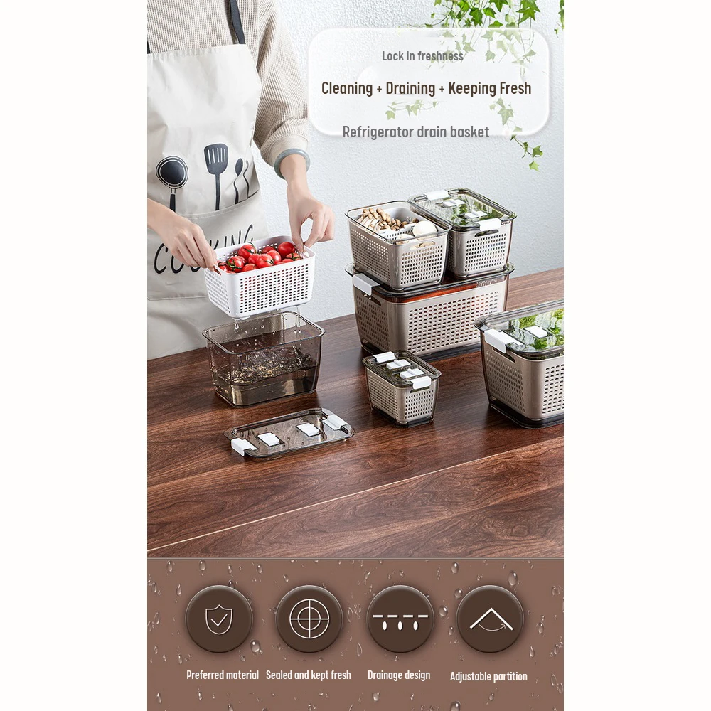 

Refrigerator Storage Box Vegetable And Fruit Drain Basket With Lid Sealed Partition Fresh-Keeping Box Kitchen Food Storage Tool