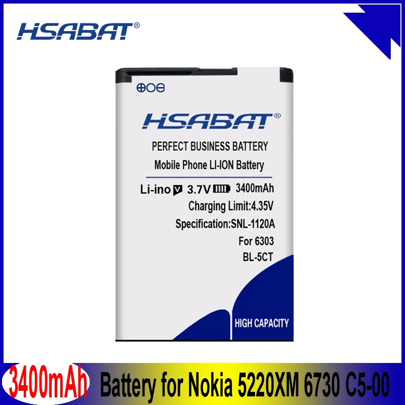 HSABAT 3400 мА/ч, BL-5CT Батарея для Nokia 5220XM 6730 C5-00 C6-01 C3-01 6303C 5220 6730c C5 6303i