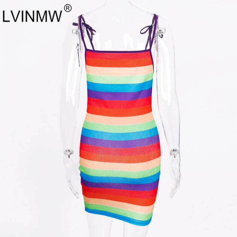 LVINMW сексуальное платье в радужную полоску с вырезом лодочкой на шнуровке бантом