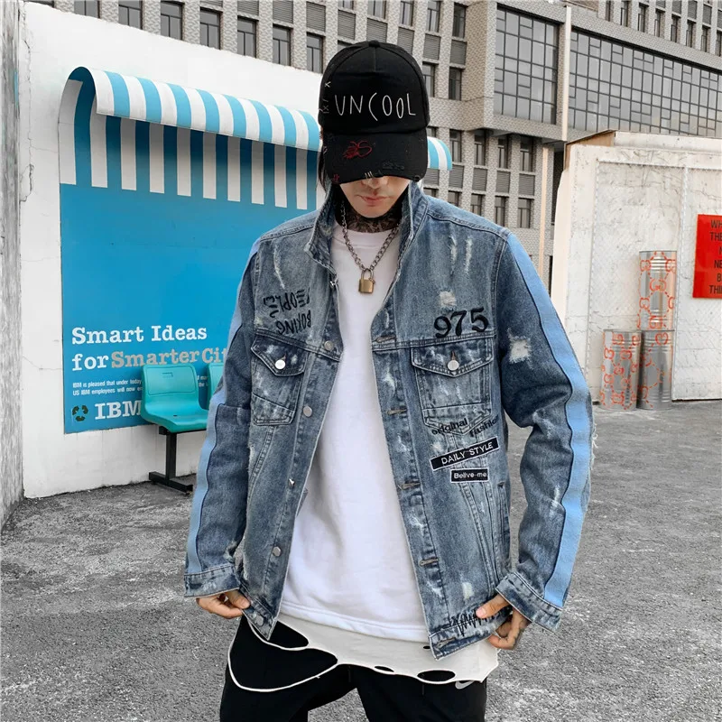 Джинсовые куртки в стиле хип-хоп с темными иконами, мужские куртки с рваными дырками, винтажные уличные джинсовые куртки для мужчин