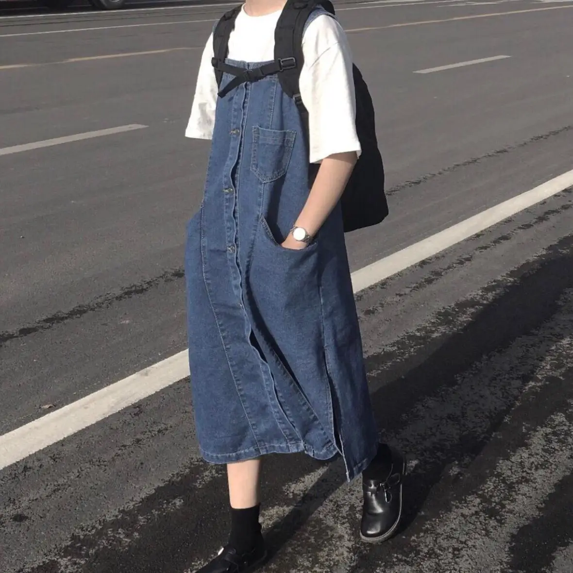 

2021 New Spring Korean Loose Denim Strap Skirt Middle Length Student Japanese Dress Female