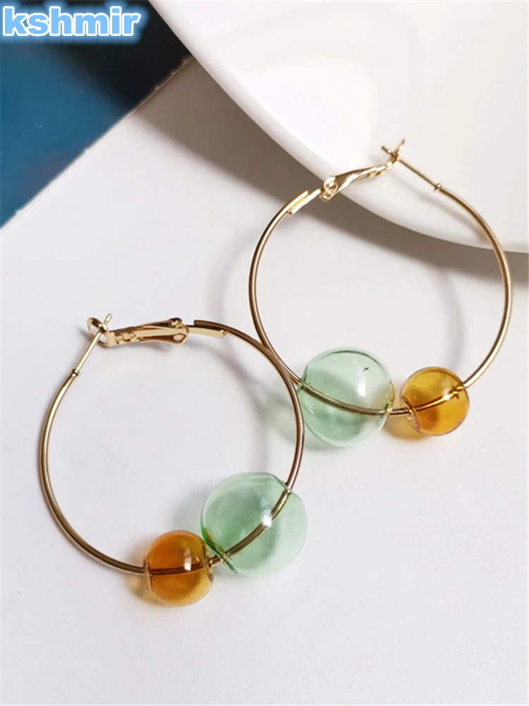 

South Korea contracted collision color glass bubble ear stud 2021 new trend ear ornaments temperament geometric round ear ring
