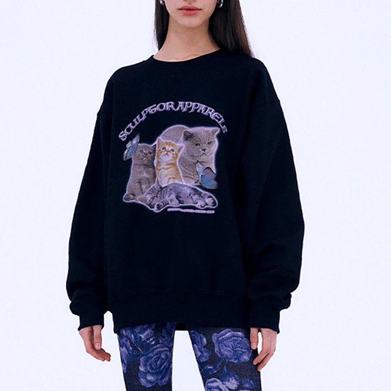 

2021 Thick Plush Cute Cats and Butterfly Print Oversized Sweatshirt Women Warm Winter Plus Size Clothes for Teens Korean Fashion