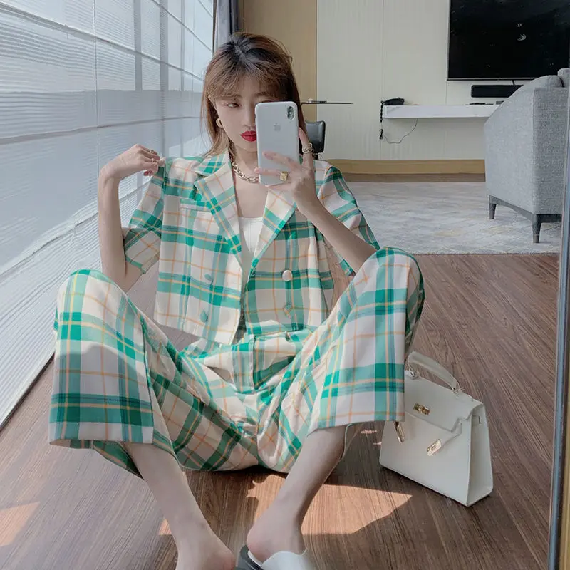 

Women Suit 2021 Summer Autumn Korean Lady Plaid Coat Pants Half Turn-down Collar Slim 2 Pic Set Small Fresh All-match Girls Suit