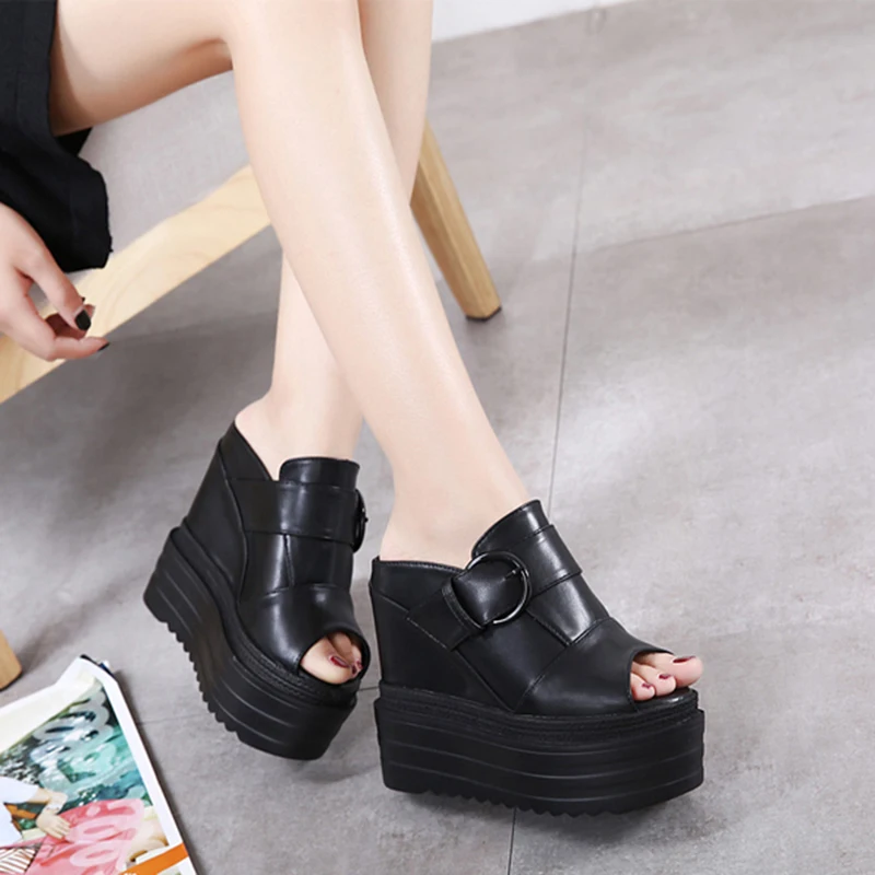 

Genuine Leather Internal Increase Peep Toe Platform Sandals Women Buckle Wedge High Heels Solid Color Casual Summer Shoes Women