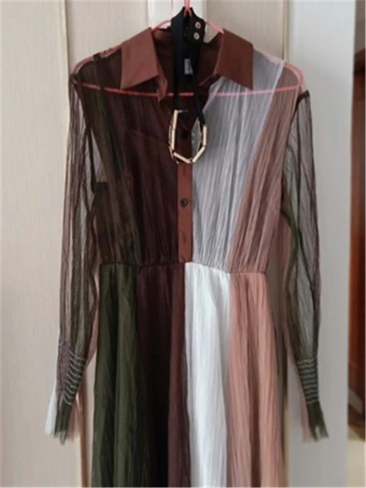 

High Street Newest Fashion Runway Designer Lady Dress Women's Long Sleeve Shirt Collar Contrast Color Block Gauze Elegance Dress