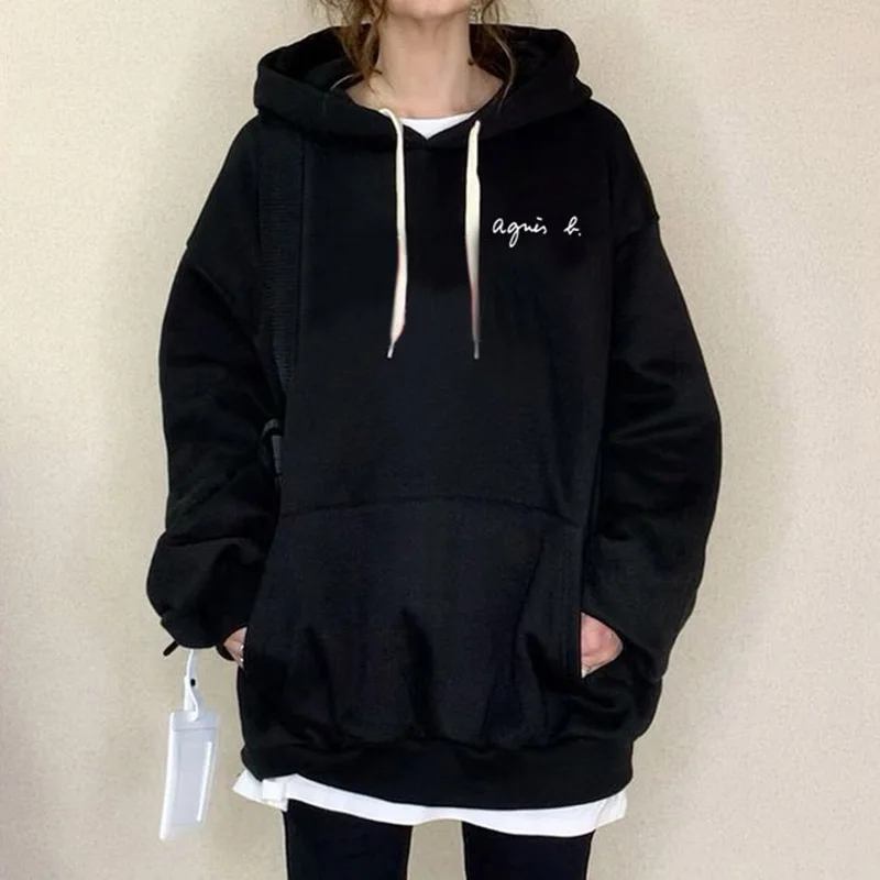 

Letter Print Hooded Women's Hoodie Oversize Black Solid Patchwork Pocket Mid-Length Pullover Office Lady Casual Loose Sweatshirt