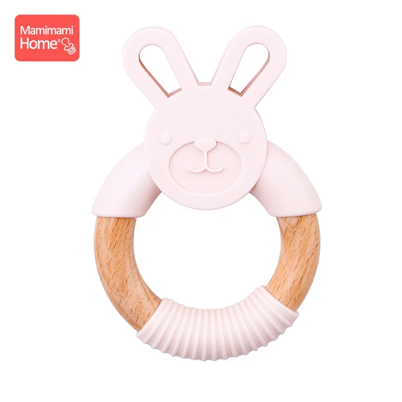 candy pink Ring Mamihome Baby Wooden Teether Animal Ring Silicone Rodent Beech Wooden Blank Rabbit Ears baby products Toys Pacifier Pendant Gift - Цвет: candy pink Ring