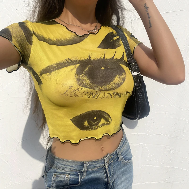 

Printed Crop Top Fashion T Shirt Mesh Transparent Tshirt Women Vintage Frill Pulovers Harajuku Tee Streetwear 90s