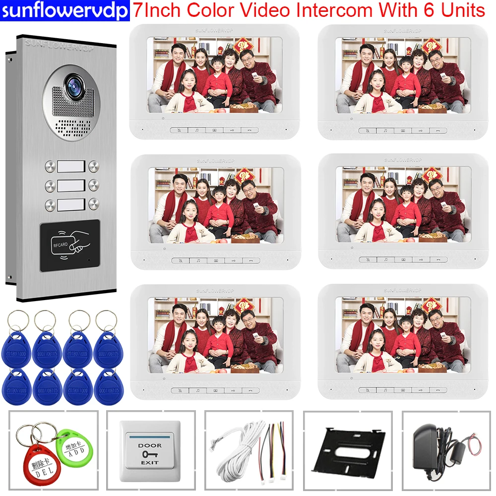 7-дюймовый домофон для квартир контроль доступа 2-6 мониторов видеодомофон