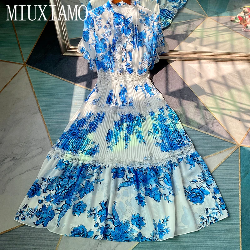 

MIUXIMAO 2021 Spring Summer Dress New Cute Flower Print Elegant Half Sleeve Diamonds Ruffles Slim Dress Women Vestidos