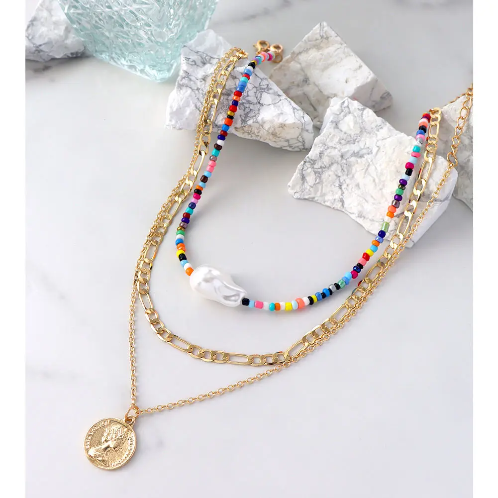 

Irregular Simulated-pearl Beaded Necklace Women Portrait Coin Pendant Colorful Acrylic Resin Bead Strand Vintage Jewelry Gifts