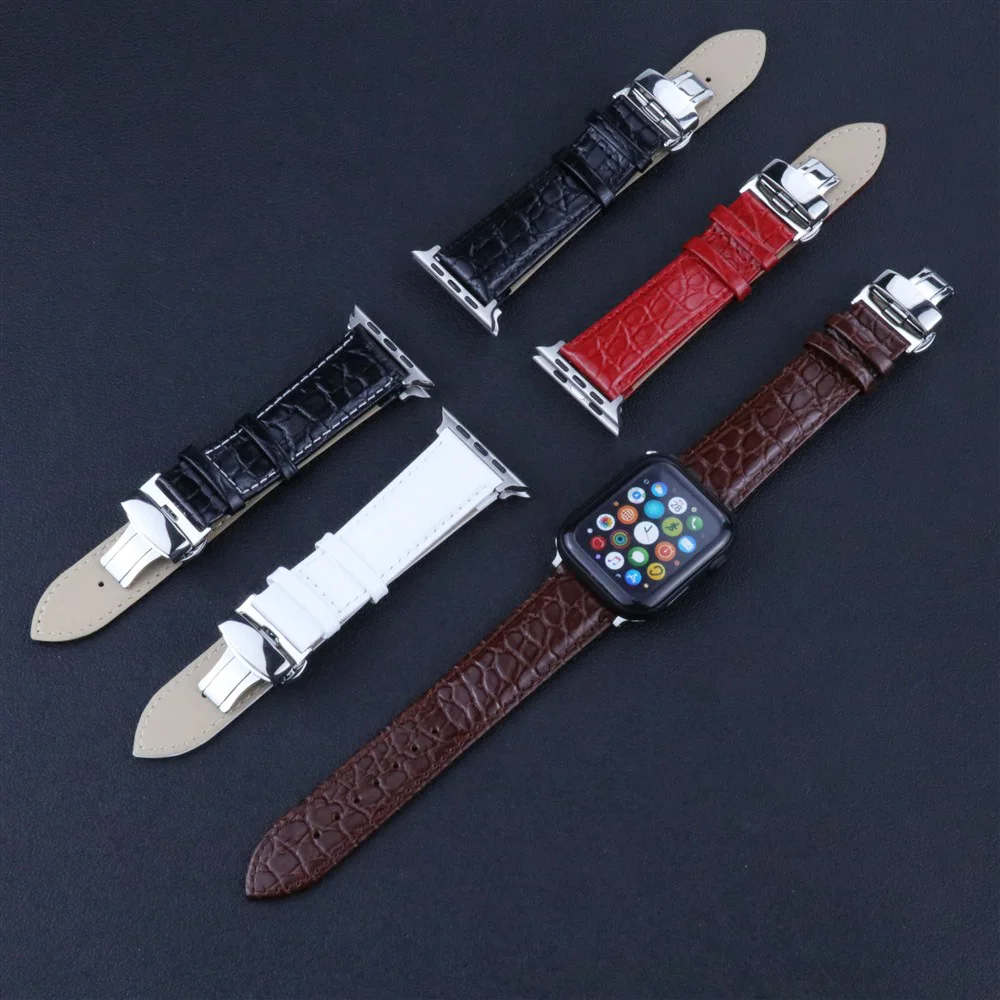 Crocodile Pattern Genuine Leather Butterfly buckle Watch strap for Apple Watch iwatch series 5/4/3/2/1 38mm 40mm 42mm 44mm
