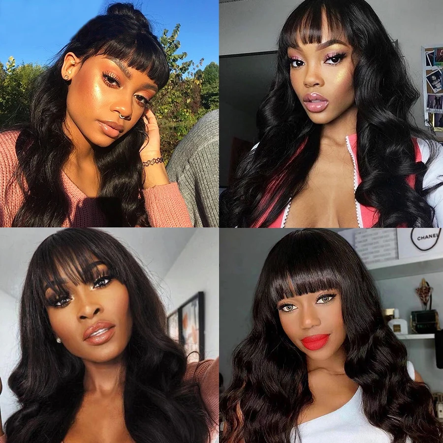 

Body Wave Human Hair Wigs With Bangs Full Machine Made No Lace Headband Wig Remy Natural Black Human Hair Wig Glueless For Women