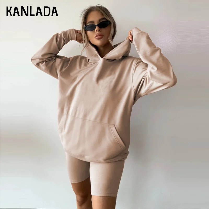 

Новинка 2020, Модные свободные однотонные шорты для досуга дома, спортивный костюм из двух предметов, женские толстовки большого размера