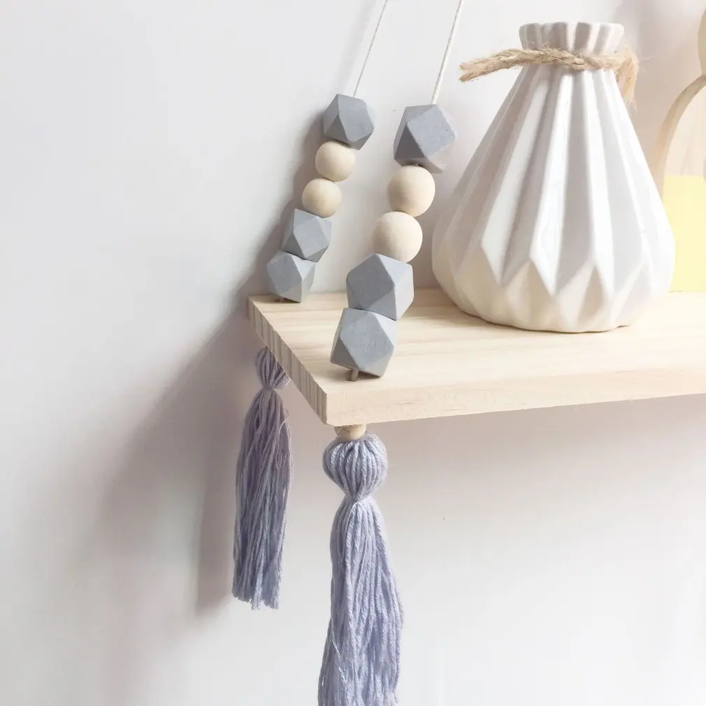 

Nordic Style Wooden Bead Tassels Storage Rack Wall Rope Hanging Shelf Wood Swing Hanging Rope Wall Mounted Floating Shelves