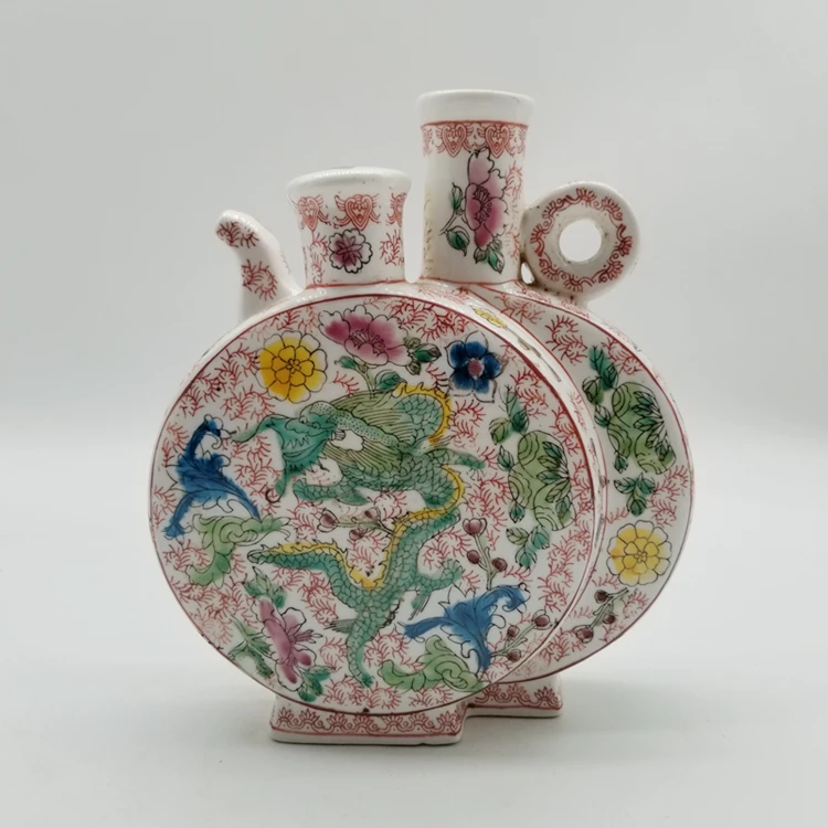 Qing Dynasty Kangxi pastel double dragon flower pattern twin moon pot flat bottle retro hand painted antique collection ornament