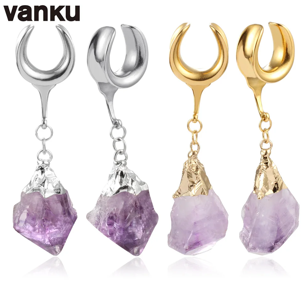 Vanku 2PCS Stainless Steel Natural Stone Pendant Ear Weight Expanders Gauges Hook Body Piercing Jewelry Earring Stretchers
