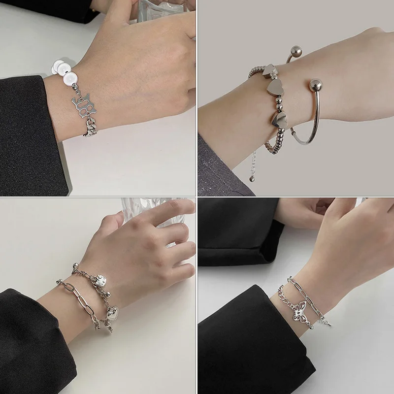 

Silver Color Love Letter Heart Double Layer Bracelet Female Unique Design Stainless Steel Retro Light Luxury Pendant Jewelry