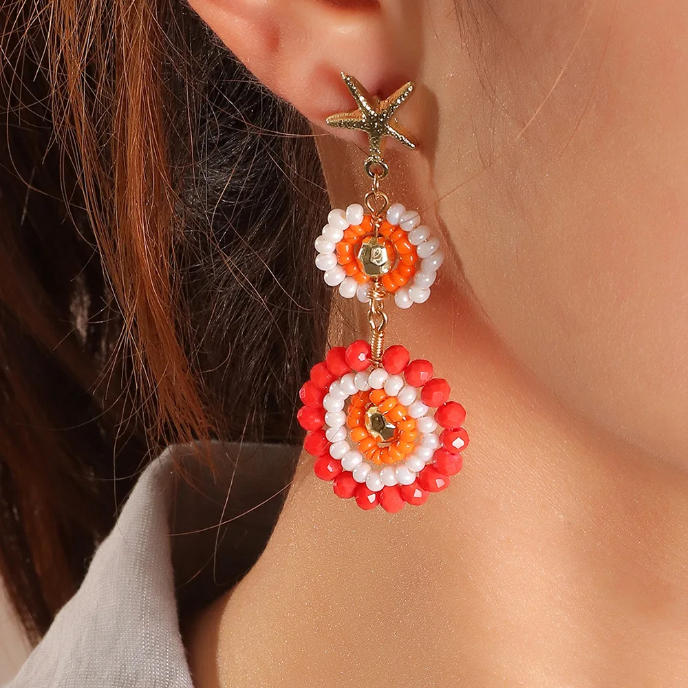 

2021 National Storm Siemian Wind Personality Stitch Multi-colored Rice Bead Earring Geometric Starfish Long Stud Girl