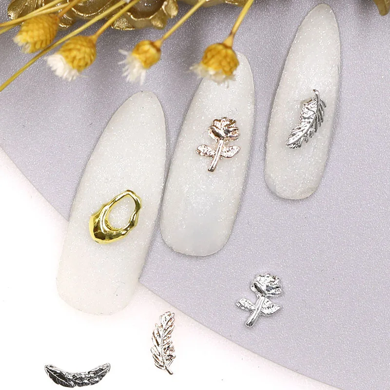 

100Pcs Nail Art Metal Slices Jewelry Rose Laef Gold Silver 3D Charms Sticker For Nails Nail Accessories Luxury Pendant