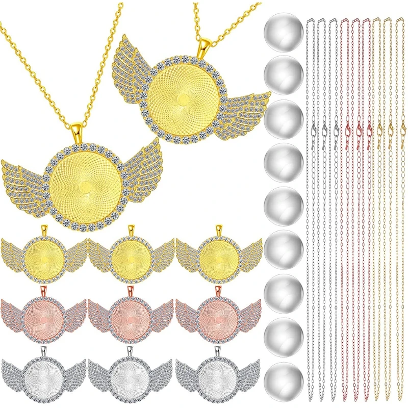 

27 Pieces Rhinestone Bezel Cabochon Trays with Wing Round Pendant