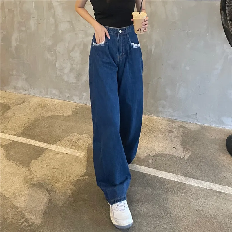 

Women Vintage Pantalon 2021 Solid Jeans Fashion Y2K Harajuku Loose Denim Wide Leg Pants Female Sweetpants Blue Trousers P051