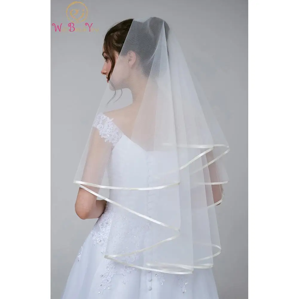 

Walk Beside You White Ivory Wedding Veil 1.5 m Tulle Satin Ribbon without Comb One Layer Bridal Headwear Accessory voile mariage