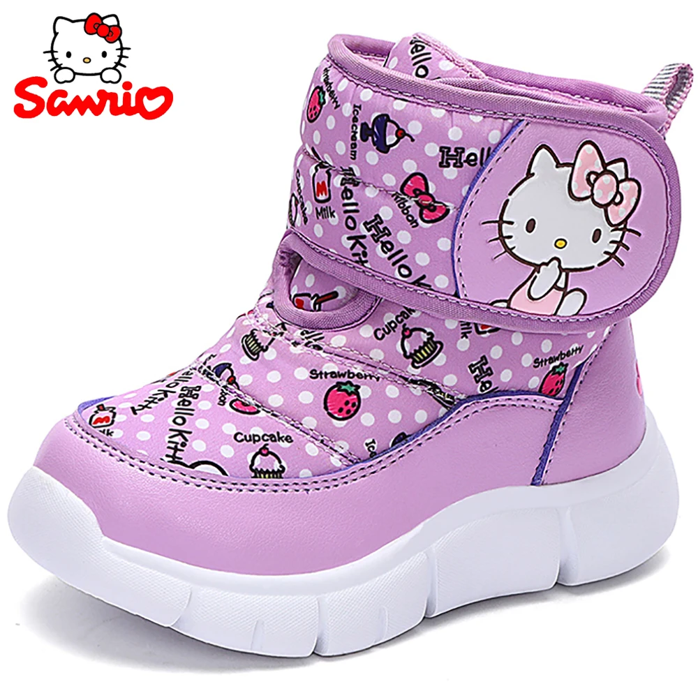

Милые детские зимние ботинки Hello Kitty для девочек зимние теплые плюшевые короткие ботинки с мультяшным котом детские Нескользящие повседнев...