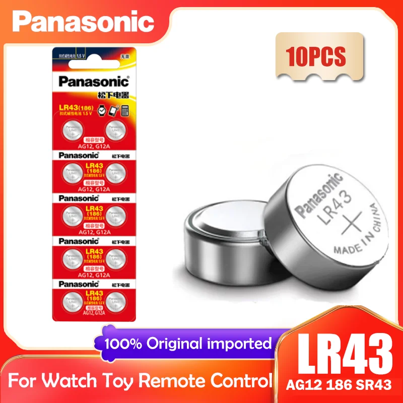 10PCS Panasonic LR43 AG12 186 1.5V Alkaline Battery 386 SR1142 LR1142 SR43 Button Cell Coin For Watch Calculator Control Remote |