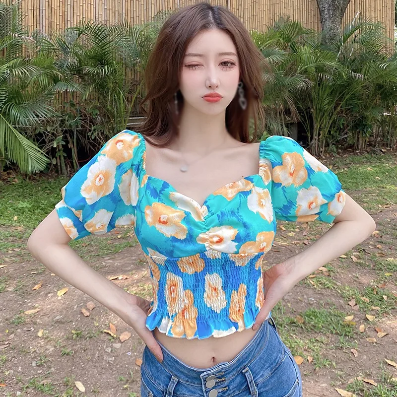 

Jlong Women Floral Print SBlouses Square Collar Female Shirt Puff Sleeve Chiffon Blouse