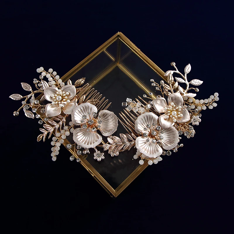 Женские европейские золотые гребни для невесты волос с листьями и цветами