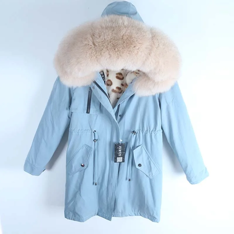 Rabbit Leopard Новая зимняя куртка женская красная лиса леопардовая кроличья меховая подкладка енота меховая парка натуральный Лисий меховой воротник верхняя одежда S-7XL - Цвет: Rabbit Leopard